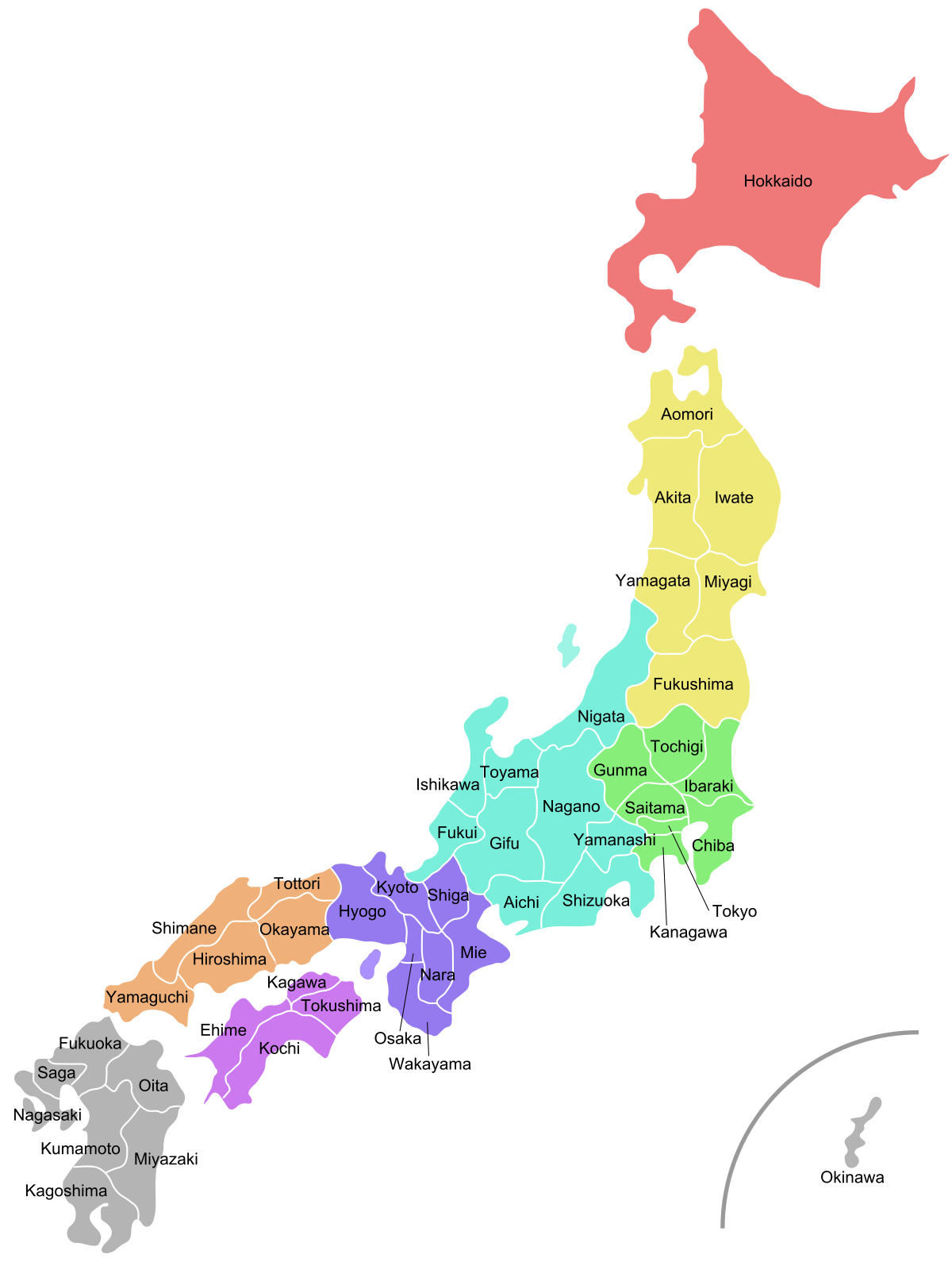 Mapa do Japão mostrando as prefeituras